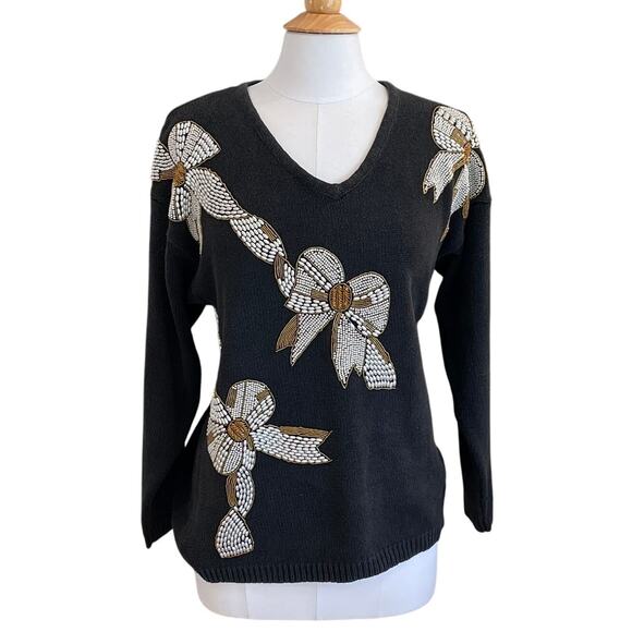 VTG Victoria Harbour Black Beaded V-Neck Holiday Sweater Gold Silver Bows M - Picture 1 of 10